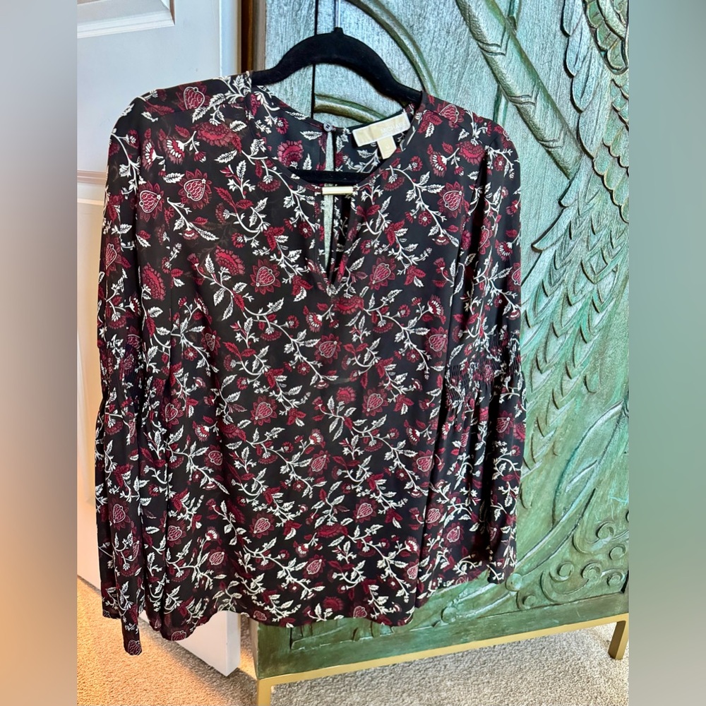 Michael Kors Black Floral Keyhole Long-Sleeve Blouse